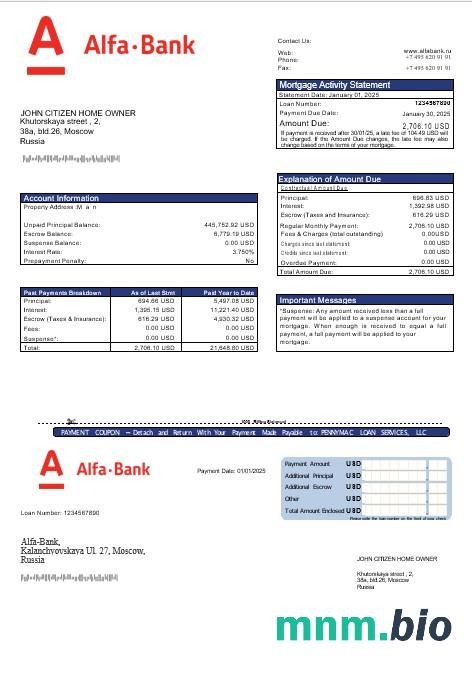 Rosja Alfa Bank wyciąg z kredytu hipotecznego w formatach Word i PDF